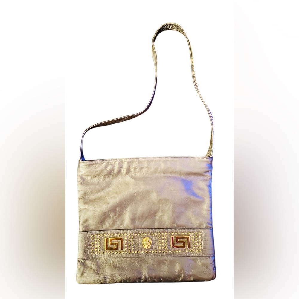 Vintage Metallic Leather Park Avenue Intl Gold
Shoulder Bag Greek Key Y2K Glam